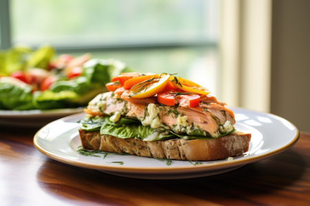 open-face salmon sandwich with mustard dill dressing, created with generative aiの素材