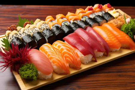 platter of different sushi types on a bamboo mat, created with generative aiの素材