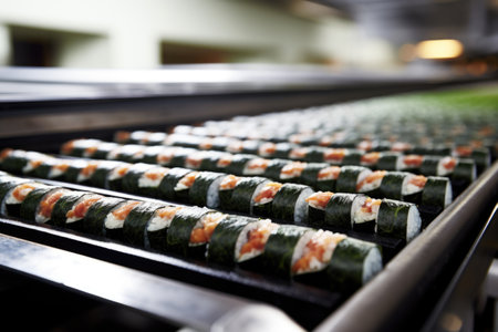 a series of sushi rolls on a conveyor belt, created with generative aiの素材