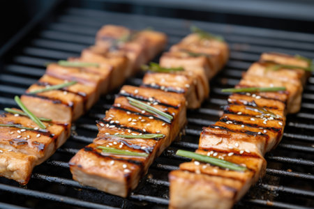 detail of teriyaki tofu steaks marinated texture, created with generative aiの素材