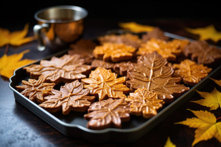 autumn leaf shaped cookies on a silver tray, created with generative aiの素材