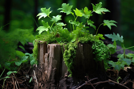 green shoots emerging from a cut tree stump, created with generative aiの素材