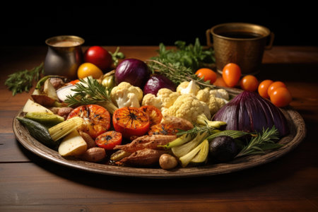 roasted vegetables on a platter ready to serve, created with generative aiの素材