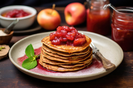 vegan spelt pancakes served with a side of apple compote, created with generative aiの素材