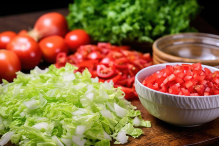 shredded lettuce, diced tomatoes, and onions in food photo, created with generative aiの素材