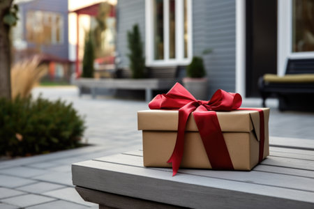 close-up of a gift box on a home doorstep, created with generative aiの素材