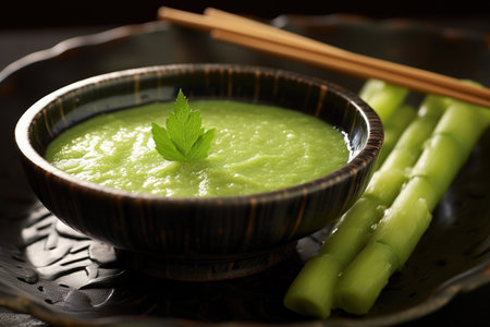 close-up of wasabi paste in a small dish, with fresh wasabi roots behind it, created with generative aiの素材