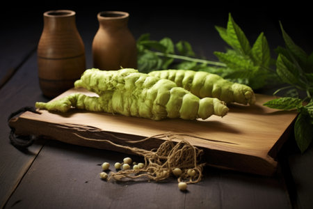 close-up of fresh wasabi root on a wooden board, created with generative aiの素材
