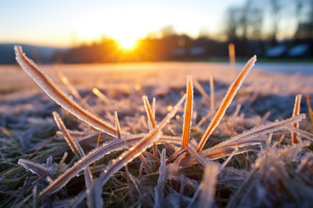 low angle shot of frosty blades of grass at sunrise, created with generative aiの素材