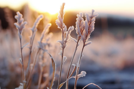 close-up of frost on holiday decorations at sunrise, created with generative aiの素材