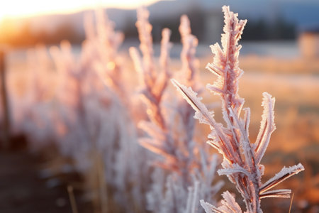close-up of frost on holiday decorations at sunrise, created with generative aiの素材
