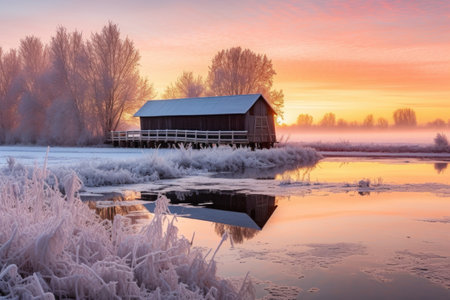 snow-covered bridge glowing under sunrise, created with generative aiの素材
