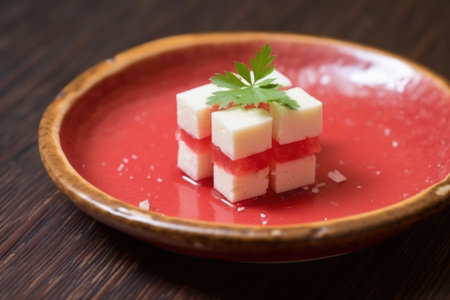 sight of bright red watermelon and white feta on a beige dish, created with generative aiの素材