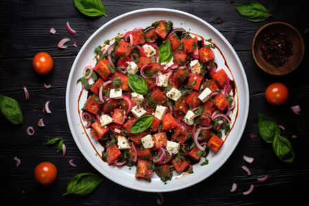 overhead shot of watermelon salad with feta cheese and basil, created with generative aiの素材
