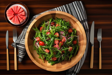 top view of a wooden table with a bowl of watermelon salad and forks, created with generative aiの素材
