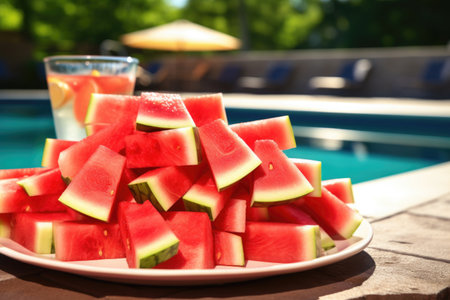 pile of juicy watermelon slices on a poolside table with a cocktail, created with generative aiの素材
