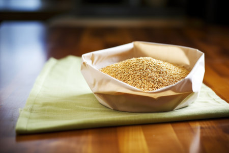 wide-angle shot of an open bag of whole grain cereal, created with generative aiの素材