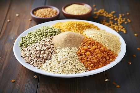 pile of various whole grain cereals on a plate, created with generative aiの素材