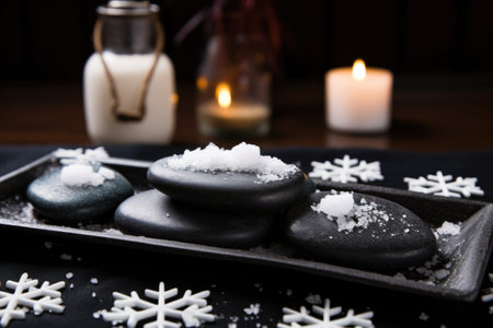 hot stone massage setup with snowflakes ornament, created with generative aiの素材