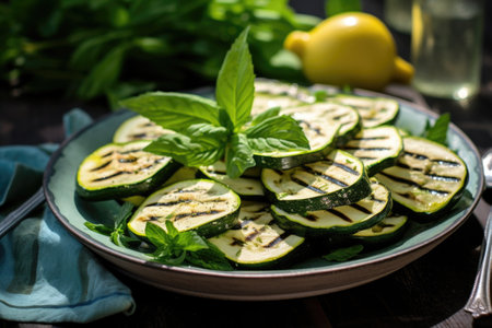 grill-marked zucchini slices served on a green leaf shaped dish, created with generative aiの素材