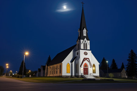 church at night set against dark sky and full moon, created with generative aiの素材