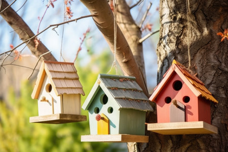 a trio of birdhouses on a tree, created with generative aiの素材