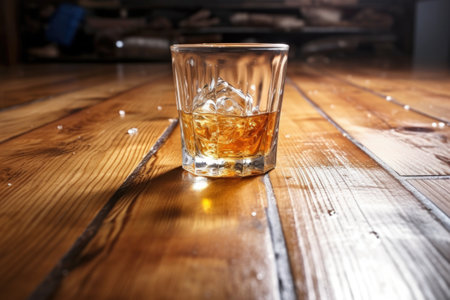 close up of a spilled whiskey tumbler on a wooden bar, created with generative aiの素材