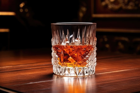 crystal glass of fine whiskey on a mahogany table, created with generative aiの素材