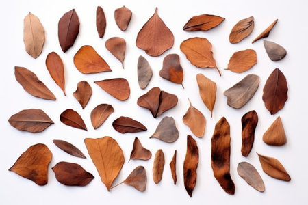 top view of medicinal tree bark pieces scattered on white, created with generative aiの素材