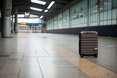 a suitcase left alone in a bus terminal, created with generative aiの素材
