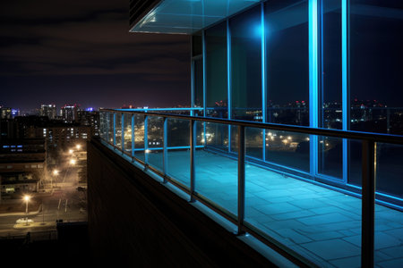 portion of a high-rise balcony with glass railing and floor lighting, created with generative aiの素材