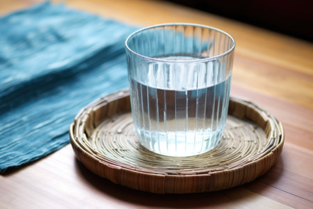 crystal bowl filled with water, next to a bamboo mat, created with generative aiの素材