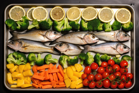 a tray of baked fish with a visual calorie counter, created with generative aiの素材