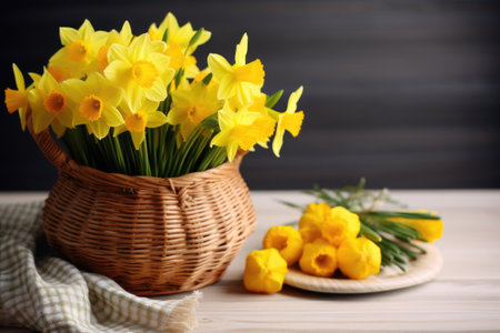 yellow daffodils arranged in a basket on a wooden table, created with generative aiの素材