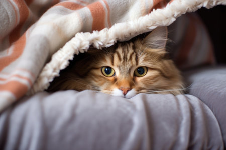 a fluffy cat tucked away peacefully under a warm blanket, created with generative aiの素材