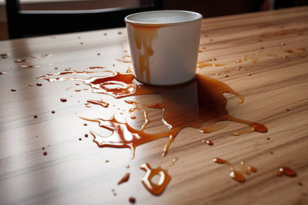 a spilled cup of coffee on a table, created with generative aiの素材