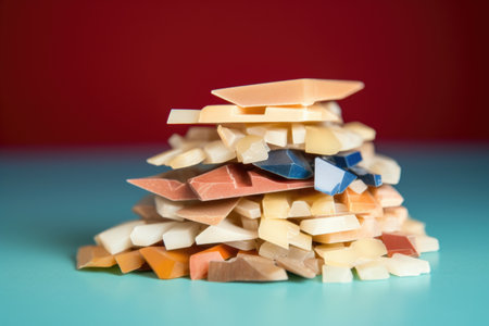 pile of diverse dental veneers on a vibrant colored background, created with generative aiの素材