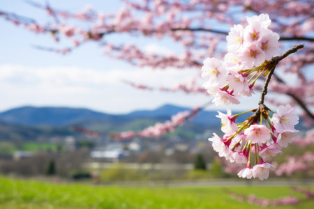 sakura blossom with a green hill in the background, created with generative aiの素材