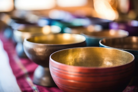 detail of sound therapy singing bowls, created with generative aiの素材