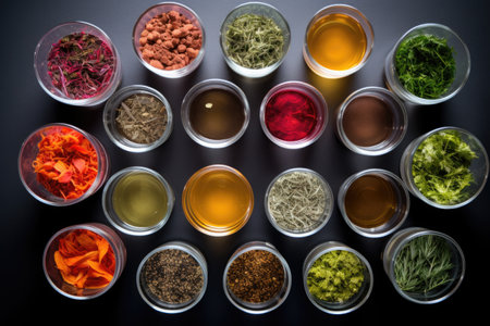 overhead shot of various herbal teas, created with generative aiの素材