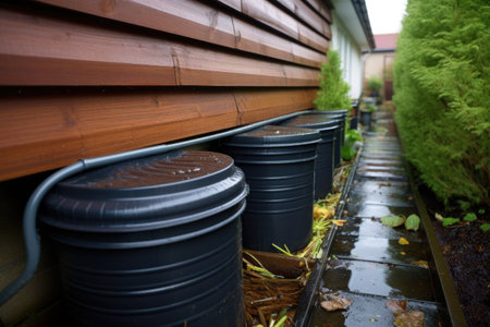 rainwater collection barrels under a house gutter, created with generative aiの素材