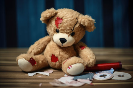 a teddy bear mended with patches and threads, created with generative aiの素材
