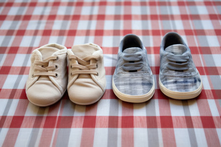baby shoes next to adult shoes on a mat, created with generative aiの素材