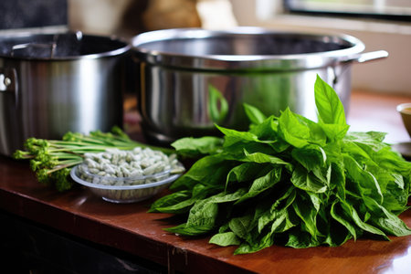 freshly plucked mint leaves beside kettle of hot water, created with generative aiの素材