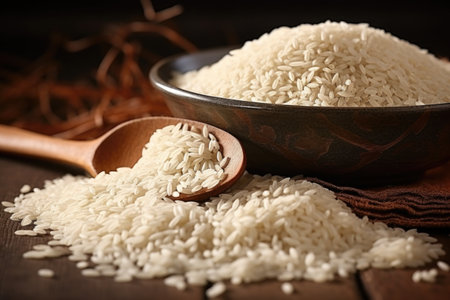 a mound of rice grains with a spoon dug into it, created with generative aiの素材