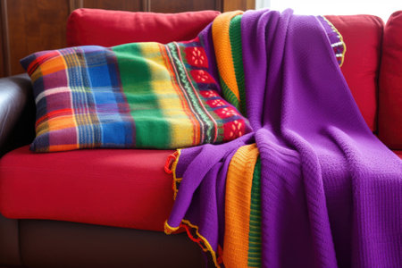 two colorful blankets on a shared couch, created with generative aiの素材