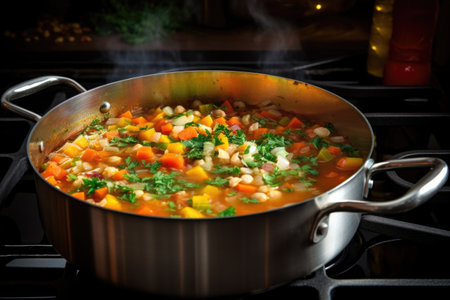 a simmering pot of vegetable soup on a stove, created with generative aiの素材