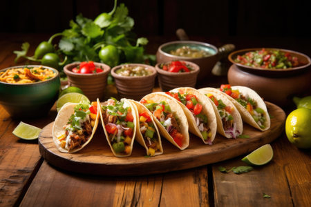 mexican tacos with a variety of fillings on a wooden table, created with generative aiの素材