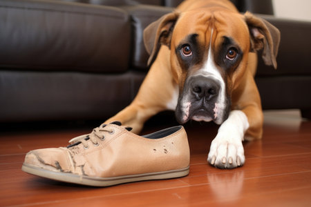 chewed up shoe left beside a guilty-looking dog, created with generative aiの素材