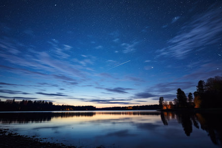 wide-view of a star-filled sky over a tranquil lake, created with generative aiの素材